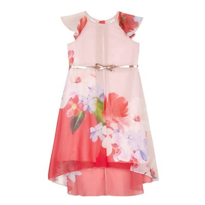 Girls' pink floral print belted dress